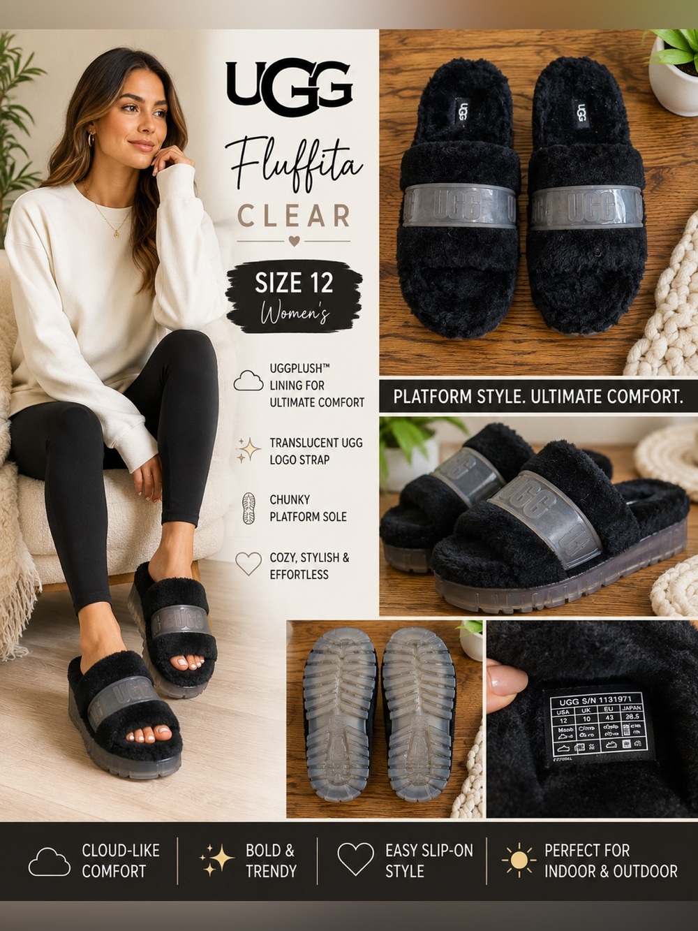 UGG Fluffita Clear Black Fluff Platform Slides Women’s Size 12